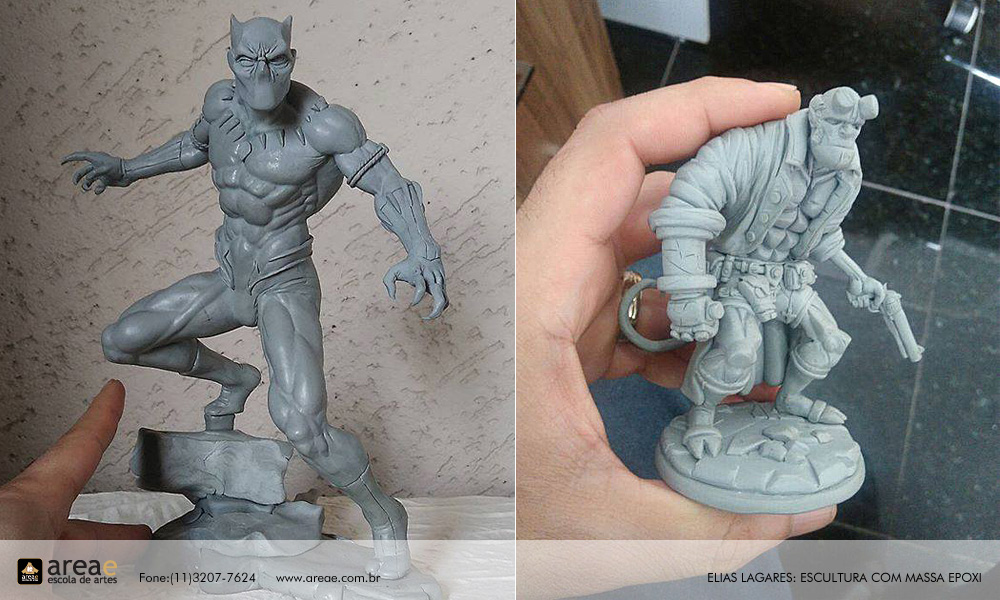 Escultura do Pantera Negra e do Hellboy do instrutor Elias Lagares.